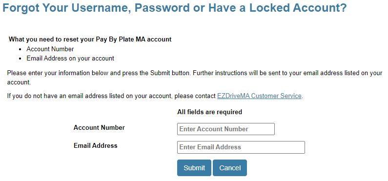 Password Resetting for PaybyPlate Ma & E-Z Pass